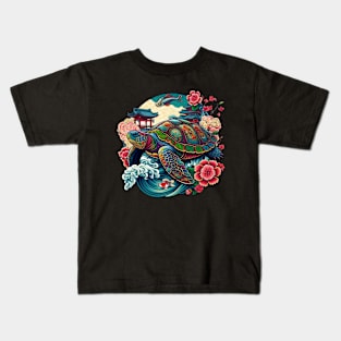 Flower Waves Floral Art Traditional Japanese Turtle Kids T-Shirt